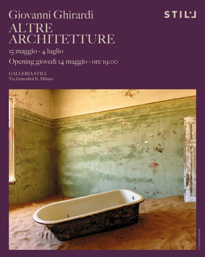 Exhibition invitation on a plum background: Giovanni Ghirardi, Altre Architetture, Still, 15 May – 4 July, opening Thursday 14 May at 7 pm, with the photograph Interno con vasca